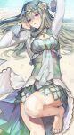  1girl arms_up barefoot beach blue_scales blush breasts cleavage_cutout clothing_cutout commentary dress gem green_hair grey_dress hair_between_eyes hair_flaps hair_ornament hair_spread_out head_chain highres jewelry knee_up kusanagi_nene long_hair long_sleeves looking_at_viewer low-tied_sidelocks lying medium_breasts mermaid_ni_akogarete_(project_sekai) necklace official_alternate_costume on_back outdoors parted_lips pearl pearl_hair_ornament project_sekai purple_eyes sand scales shell shell_hair_ornament shell_necklace sidelocks smile solo starfish_hair_ornament toes u1_msd water 