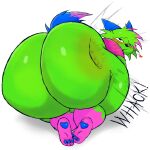 1:1 2026 anthro backsack balls barely_visible_balls barely_visible_genitalia big_butt black_nose blue_body blue_ears blue_fur blue_pawpads blue_tail blush butt butt_focus butt_slap cheek_tuft digital_drawing_(artwork) digital_media_(artwork) dipstick_tail domestic_cat don't_touch_my_pizza_(meme) english_description exclamation_point facial_tuft felid feline felis fur genitals green_body green_fur head_tuft hi_res jaysonhedgehog6 kevin_(nyanwolf) leg_markings male mammal markings multicolored_body multicolored_fur nyanwolf open_mouth pawpads pink_body pink_fur pink_markings rear_view simple_background slap socks_(marking) solo sound_effects spanking sparklefur tail tail_markings text tuft white_background