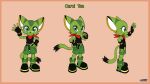 16:9 anthro belt black_clothing black_gloves black_handwear black_shirt black_topwear border bottomwear carol_tea clothing eyelashes fangs felid feline felis female fingerless_gloves footwear freedom_planet fullmetalchaz fur galaxytrail gloves green_body green_bottomwear green_clothing green_eyes green_footwear green_fur green_shoes green_shorts hand_on_hip handwear hi_res mammal model_sheet orange_border red_scarf scarf shirt shoes shorts sleeveless_shirt sleeveless_topwear solo striped_body striped_fur stripes teeth topwear turnaround widescreen wildcat