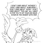 1:1 angry anthro asphyxiation avian bird black_and_white blush canid canine canis choking coyote coyote_vs._acme cuculiform duo english_text eye_contact jealous line_art looking_at_another looney_tunes male male/male mammal monochrome new_world_ground_cuckoo road_runner_(looney_tunes) roadrunner text warner_brothers wile_e._coyote yokyoaaa