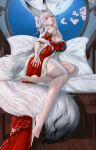  1girl absurdres animal_ear_fluff animal_ears arm_tattoo backless_dress backless_outfit barefoot breasts closed_mouth commentary_request dress feet forehead_tattoo fox_ears fox_girl fox_tail from_side full_body hair_ornament hand_up highres hsin_(wuthering_waves) indoors large_breasts large_tail long_hair looking_at_viewer looking_to_the_side moon nail_polish night orange_eyes pillow smile solo tail tattoo toenail_polish toenails toes turning_head variant_set white_hair wuthering_waves yuzuriha_(pixiv_14248010) 