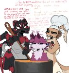 6_eyes ambiguous/ambiguous ambiguous_gender antennae_(anatomy) anthro apron arachnid arthropod arthropod_abdomen black_body black_fur brown_body casualties:_unknown character_prepared_as_food chef_hat chest_tuft chik_(gunsawian) clothing compound_eyes cooking cutlery dialogue dune_(gunsawian) english_text fangs feathers food fur group gunsawian hat head_spikes head_tuft headgear headwear hi_res insect kitchen_utensils lepidopteran multi_eye multicolored_body multicolored_fur neck_tuft purple_body purple_fur red_body red_fur seasoning sharp_teeth simple_background soup spikes spikes_(anatomy) spoon standing sulphie tail teeth text tools tuft two_tone_body two_tone_fur velvet_(gunsawian)