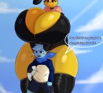 2026 ambeer_(golden_toad) ambiguous_gender anthro arthropod ball bee big_breasts biped black_clothing blue_body blush blush_lines bottomwear breasts character_request clothed clothing dewott dialogue digital_drawing_(artwork) digital_media_(artwork) duo english_text eyebrows eyelashes female front_view frown fully_clothed generation_5_pokemon golden_toad hi_res huge_breasts hymenopteran insect larger_female nintendo non-mammal_breasts oblivious open_mouth pokemon pokemon_(species) scarf shorts size_difference soccer_ball text thick_thighs topwear whiskers wide_hips yellow_body
