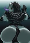  1girl against_wall ass ass_focus black_capelet black_gloves black_hood capelet commentary_request dress elden_ring elden_ring_nightreign from_behind gloves hatibei3788 highres looking_at_viewer mouth_tentacles nun orange_eyes simple_background sitting solo undertaker_(elden_ring) white_coif yellow_eyes 