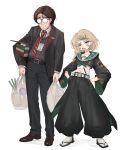  1boy 1girl absurdres alternate_costume bag baggy_pants bandaged_stomach bandaid bandaid_on_face black_pants black_shirt blonde_hair book book_stack brooch brown_hair chipped_tooth cigarette clothes_writing commentary cropped_shirt delinquent english_commentary full_body furrowed_brow genderswap genderswap_(mtf) green_eyes groceries grocery_bag half-closed_eyes hands_in_pockets harry_potter harry_potter_(series) headband highres id_card jewelry kvxart long_sleeves looking_at_viewer malfoid medium_hair midriff navel necktie object_behind_ear pants red_necktie round_eyewear salaryman sandals shirt shirt_tucked_in shopping_bag short_hair simple_background socks spring_onion standing sukeban two-sided_fabric wand white_background white_headband white_socks wide_sleeves wizarding_world yellow_necktie 