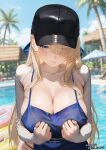  1girl absurdres bikini bikini_under_clothes black_bikini black_hat blonde_hair blue_dress blue_eyes blurry blurry_background blush breasts brown_dust_(series) brown_dust_2 chenonly cleavage closed_mouth collarbone commentary cottage_(building) day depth_of_field dress english_commentary eyes_visible_through_hair hair_between_eyes hair_over_one_eye hands_on_own_chest hat highres large_breasts long_hair long_sleeves looking_at_viewer official_alternate_costume outdoors palm_tree pink_lips pixiv_username pool ring_light_reflection short_dress sleeves_past_wrists solo standing sunlight swim_ring swimsuit tree twitter_username umbrella very_long_hair water wilhelmina_(brown_dust) wilhelmina_(water_park_queen)_(brown_dust) 