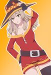  1girl absurdres airei_363 asymmetrical_legwear belt belt_buckle breasts brown_eyes brown_hair buckle cleavage collar collarbone cosplay dress fingerless_gloves gloves hat highres kono_subarashii_sekai_ni_shukufuku_wo! long_hair long_sleeves megumin megumin_(cosplay) open_mouth red_dress sena_ajisai single_thighhigh thighhighs watashi_ga_koibito_ni_nareru_wake_naijan_murimuri! witch_hat 