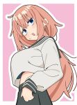  1girl absurdres black_skirt blue_eyes blush border breasts commentary grey_sleeves highres large_breasts long_hair long_sleeves looking_at_viewer michinoku_komaro midriff noyama_takenoko open_mouth pink_background pink_hair ponytail school_uniform seitokai_ni_mo_ana_wa_aru! skirt solo white_border 