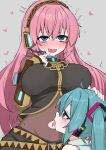  2girls absurdres ahoge aqua_eyes aqua_hair aqua_trim bare_shoulders belt black_vest blue_eyes blush bodystocking breasts clothing_cutout commentary covered_nipples detached_sleeves grey_background grey_shirt hair_between_eyes hair_ornament hand_on_another's_head hatsune_miku headphones headset heart highres large_breasts licking licking_navel long_hair looking_at_viewer marubanu megurine_luka mole mole_under_eye motion_lines multiple_girls navel navel_cutout open_mouth pink_hair shirt simple_background skirt sleeveless sleeveless_shirt smile sweat twintails very_long_hair vest vocaloid yellow_trim yuri 