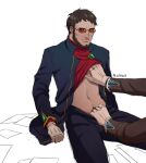  2boys alloydia beard blue_jacket brown_hair clothes_lift clothes_pull facial_hair fuyutsuki_kouzou glasses hand_on_another's_chest highres ikari_gendou jacket long_sleeves male_focus male_pubic_hair multiple_boys neon_genesis_evangelion open_clothes open_jacket pants pants_pull pubic_hair red_shirt shirt shirt_lift short_hair stomach yaoi 