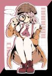  1girl ? alternate_costume arm_under_breasts ascot blunt_bangs blush_stickers boots brown_boots brown_hair brown_hat brown_jacket brown_shorts character_name closed_mouth collared_shirt commentary_request danganronpa_(series) danganronpa_2:_goodbye_despair deerstalker detective dress_shirt drop_shadow expressionless eyebrows_hidden_by_hair flipped_hair full_body hair_ornament hand_up hat highres holding holding_magnifying_glass jacket lace-up_boots long_sleeves looking_at_viewer magnifying_glass medium_hair mi_shengwu_3.2_hao nanami_chiaki open_clothes open_jacket outline outside_border pink_ascot pink_eyes plaid_hat shirt shorts simple_background solo speech_bubble spoken_question_mark squatting suspender_shorts suspenders thighhighs twitter_username white_outline white_shirt white_thighhighs 