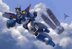  aircraft airplane blue_sky clenched_hand cloud commentary_request da-garn day densetsu_no_yuusha_da-garn falling fighter_jet flying from_below mecha mecha_focus military_vehicle no_humans open_mouth outdoors robot sky solo super_robot taedu teeth upper_teeth_only v-fin yellow_eyes yuusha_series 