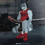 1:1 67_(number) anthro balls bicycle big_balls big_penis black_penis brick brick_wall brown_glans clothed clothing dark_penis detailed_penis digital_media_(artwork) erection footwear fur genitals glans gold_(metal) gradient_penis grey_body grey_fur hair hair_over_eyes hi_res huge_balls huge_penis hyper hyper_balls hyper_genitalia hyper_penis jersey_only jewelry jordan_(brand) male mammal meme necklace nike penis penis_grab piercing pink_glans procyonid pubes public raccoon red_clothing red_glans red_jersey red_shirt red_tank_top red_topwear shirt shoes shortstack shortstack_male silver_(vikifox) sneakers solo street tail tank_top text thugfox topwear url vehicle vikifox wall_(structure)