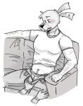 ambiguous_gender anthro arm_hair bite biting_lip blush body_hair bottomwear bulge canid canine clothed clothing dog_man_(character) dog_man_(series) duo furniture genitals graph667 hairy_abs hand_on_bulge hand_on_penis hi_res humanoid male male/ambiguous mammal on_sofa open_bottomwear open_clothing open_pants pants penis petey_the_cat scar simple_background simple_coloring sofa striped_body stripes touching_bulge unbelted underwear