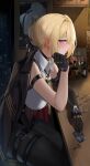  1girl arm_strap bar_(place) black_gloves blonde_hair blush bottle braid breasts closed_mouth commentary earrings evelyn_chevalier from_side gaitoou gloves head_rest highres jewelry large_breasts looking_at_viewer mole mole_under_eye purple_eyes sideways_glance skindentation solo thigh_strap thighs zenless_zone_zero 
