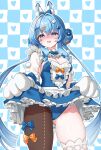  1girl absurdres animal_ears animal_hands arahashi_tabi arahashi_tabi_(4th_costume) asymmetrical_legwear blue_background blue_bow blue_bowtie blue_eyes blue_flower blue_hair blue_leotard blue_skirt blush bow bowtie breasts brown_pantyhose checkered_background cleavage clothes_lift commentary_request cowboy_shot drooling fishnet_thighhighs fishnets flower gloves hair_bow hair_flower hair_ornament heart heart_background heart_hair_ornament highres jjellybomb korean_commentary leotard lifting_own_clothes long_hair low_twintails medium_breasts mismatched_legwear open_mouth orange_bow orange_bowtie orange_flower pantyhose paw_gloves playboy_bunny rabbit_ears rabbit_hair_ornament see-through_clothes see-through_sleeves sidelocks single_leg_pantyhose single_thighhigh skirt skirt_lift solo stellive sweat thighhighs twintails uneven_legwear very_long_hair virtual_youtuber white_background white_thighhighs x_hair_ornament 