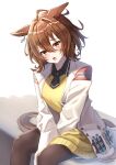  1girl :o absurdres agnes_tachyon_(tach-nology)_(umamusume) agnes_tachyon_(umamusume) ahoge animal_ears between_legs black_necktie black_pantyhose brown_hair collared_shirt commentary_request earrings hair_between_eyes hand_between_own_legs highres horse_ears horse_girl horse_tail jewelry kohaku_teru lab_coat long_sleeves necktie pantyhose red_eyes shirt short_necktie single_earring sitting sleeves_past_fingers sleeves_past_wrists solo sweater tail test_tube umamusume v_arms yellow_sweater 