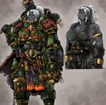  1girl absurdres adeptus_astartes apron armor black_skin cloak colored_skin commentary dark-skinned_female dark_skin english_commentary explosive flamer genderswap genderswap_(mtf) gloves green_armor grenade hammer highres holding holding_hammer holding_weapon octosoup over_shoulder ponytail power_armor red_eyes salamanders_(warhammer) solo very_dark_skin war_hammer warhammer_40k weapon weapon_over_shoulder white_hair 