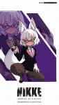  1girl animal_ear_fluff animal_ears augusketchs black-framed_eyewear black_jacket black_pantyhose black_shoes commentary copyright_logo copyright_name english_commentary fox_ears fox_girl fox_tail frown full_body glasses goddess_of_victory:_nikke gun hair_between_eyes hand_on_own_thigh handgun highres holding holding_gun holding_weapon jacket logo long_sleeves nikke_promo_parody panties pantyhose phase_connect purple_eyes shoes short_hair solo spread_legs squatting tail tenma_maemi underwear virtual_youtuber weapon white_hair white_panties zoom_layer 