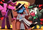  1boy 1girl 1other absurdres androgynous animal_ears black_eyes black_hair black_hat black_overalls black_shirt black_shoes black_suit blue_skin boots bright_pupils closed_mouth colored_sclera colored_skin commentary_request crossed_legs deltarune fangs finger_gun freckles furry furry_female furry_male green_boots green_shirt hat heart high_heel_boots high_heels highres index_finger_raised kris_(dark_world)_(deltarune) kris_(deltarune) kris_(gangster)_(deltarune) long_hair long_sleeves necktie overalls pants pink_scarf purple_hair purple_necktie purple_pants purple_skin ralsei ralsei_(gangster) red_eyes red_necktie reptile_girl scarf shirt shoes short_hair sitting skin_fangs smile standing suit susie_(dark_world)_(deltarune) susie_(deltarune) susie_(gangster)_(deltarune) utdr_(toby_fox) vertical-striped_suit watawata22 white_pupils white_suit yellow_sclera 