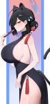  1girl absurdres animal_ears bare_shoulders black_dress black_hair blue_archive blue_halo breasts chinese_clothes commentary dress from_side hair_bun halo hand_fan highres holding holding_fan huge_breasts kaguya_(blue_archive) korean_commentary looking_at_viewer panther_ears panther_girl panther_tail qipao seueo sidelocks single_hair_bun solo tail yellow_eyes 