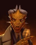 2024 accessory anthro badge bust_portrait clothing collared_shirt detective dress_shirt eyewear guyinvintageclothes hi_res holding_badge holding_object horn lizard looking_at_viewer male monocle mr.lizz_(character) necktie orange_body orange_eyes orange_scales orange_sclera overcoat portrait pupils reptile scales scalie scarf shaded shirt signature slit_pupils solo suit topwear warm_lighting
