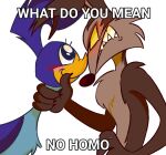 angry anthro avian b33pb00p10101 bird blush canid canine canis coyote cuculiform duo eye_contact feral fluffy fluffy_chest looking_at_another looney_tunes male male/male mammal neck_grab new_world_ground_cuckoo no_homo nose_to_nose pleading_eyes road_runner_(looney_tunes) roadrunner showing_teeth toothy_grin warner_brothers wile_e._coyote