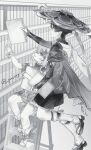  1boy 1girl animal_print anklet armlet armor bird_print bloomers blunt_ends book bookshelf bracelet bridal_gauntlets cross-shaped_pupils detached_sleeves dress eyelashes furisode genshin_impact greyscale hat highres holding holding_book indoors japanese_armor japanese_clothes jewelry jingasa kimono knme00 kote ladder leg_warmers looking_at_another looking_at_object middle_ring monochrome nahida_(genshin_impact) on_ladder open_mouth sandals scaramouche_(genshin_impact) short_dress shorts side_cape sideways_mouth symbol-shaped_pupils tassel toeless_socks tsurime twitter_username wanderer_(genshin_impact) wolf_cut zouri 