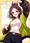  1girl belt blue_pants blush breasts brown_eyes brown_hair commentary_request green_jacket hair_bun harmony_(pokemon) highres jacket long_sleeves medium_breasts open_clothes open_jacket open_mouth pants pokemon pokemon_legends:_z-a red_belt shirt short_hair smile teeth upper_teeth_only white_shirt yuzucha_(yuzuchatofutofu) 