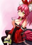  1girl absurdres animal_ear_fluff animal_ears bell black_legwear breasts cleavage collar cromachina fate/grand_order fate_(series) fox_ears fox_girl fox_tail hair_ribbon highres japanese_clothes jingle_bell kimono large_breasts long_hair looking_at_viewer one_eye_closed pink_hair ponytail red_kimono red_ribbon ribbon solo tail tamamo_(fate)_(all) tamamo_cat_(fate) yellow_eyes 