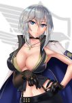  1girl absurdres asymmetrical_clothes azur_lane black_choker black_gloves blue_eyes breasts check_commentary choker cleavage commentary_request cross cross_necklace eagle_union_(emblem) eyebrows_visible_through_hair gloves highres jewelry large_breasts looking_at_viewer midriff mole mole_on_breast navel necklace sakuya_(liao_kj) silver_hair smile upper_body washington_(azur_lane) 