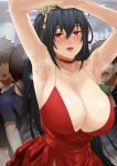  1girl armpits arms_up azur_lane bangs bare_shoulders black_hair breasts choker cleavage clothed_sex cocktail_dress crowd dress evening_gown faceless faceless_male hair_between_eyes hair_ornament huge_breasts indoors kirinkirin long_hair one_side_up open_mouth out-of-frame_censoring red_choker red_dress red_eyes sex short_sleeves sweatdrop taihou_(azur_lane) taihou_(forbidden_feast)_(azur_lane) very_long_hair 