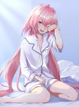  1boy astolfo_(fate) bangs bed_sheet blush collarbone fang fate/apocrypha fate_(series) hair_intakes long_hair long_sleeves looking_at_viewer nakajima_kotoko navel one_eye_closed open_mouth otoko_no_ko pajamas pink_hair purple_eyes rubbing_eyes shirt shorts sitting waking_up wariza white_shirt white_shorts 