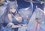  1girl animal_ear_fluff animal_ears azur_lane bangs bare_shoulders blue_butterfly blue_dress blue_eyes blush breasts cleavage dress eyebrows_visible_through_hair feather_boa fox_ears fox_girl grey_hair hair_ornament highres kitsune large_breasts long_hair looking_at_viewer mamima multiple_tails shinano_(azur_lane) shinano_(light_of_the_hazy_moon)_(azur_lane) solo tail very_long_hair 