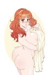  absurdres ass blush breasts brown_eyes butt_crack celica_(fire_emblem) cryptid_crab earrings fire_emblem fire_emblem_echoes:_shadows_of_valentia headband highres jewelry looking_at_viewer meme_attire nude orange_hair parted_lips towel 