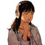  1girl black_hair blue_eyes cable commentary english_commentary headphones julia_shii lips listening_to_music long_hair musical_note nose original portrait pursed_lips sad sennheiser solo white_background 