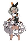  1girl bangs bea_(pokemon) black_gloves black_leotard black_ribbon bob_cut closed_mouth covered_navel cropped_legs dark_skin dark_skinned_male frilled_skirt frills frown gloves grey_hair hair_ribbon highres kinbakuman knee_pads layered_skirt leotard lifted_by_self looking_down pokemon pokemon_(game) pokemon_swsh print_shirt ribbon shirt short_hair short_sleeves simple_background single_glove skirt skirt_lift solo standing sweatdrop tied_shirt white_background white_shirt white_skirt wristband 