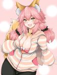  1girl alternate_hairstyle animal_ear_fluff animal_ears blush bra breasts cleavage eyebrows_visible_through_hair fang fate/extra fate/extra_ccc fate_(series) fox_ears fox_girl fox_tail highres jacket large_breasts looking_at_viewer open_clothes open_jacket open_mouth pink_bra pink_hair ryou_(619-619) solo tail tamamo_(fate)_(all) tamamo_no_mae_(fate) underwear yellow_eyes 