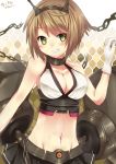  1girl anchor bare_shoulders bikini bikini_top blush breasts broken broken_chain brown_hair chain cleavage collar collarbone commentary_request dated eyebrows_visible_through_hair gloves grey_skirt grin groin hairband halterneck hand_up headgear highres honeycomb_(pattern) honeycomb_background kantai_collection large_breasts looking_at_viewer midriff miniskirt mutsu_(kantai_collection) navel nekomicha one_eye_closed pleated_skirt short_hair signature skirt smile solo stomach swimsuit white_bikini white_gloves yellow_eyes 