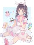  1girl animal_ears apron bangs black_hair blue_background blush bow bunny_ears bunny_girl bunny_tail closed_mouth commentary_request cupcake eyebrows_visible_through_hair food frilled_apron frilled_skirt frills grey_eyes hair_bow highres holding holding_spoon ice_cream long_hair looking_at_viewer onigiri original pink_footwear pink_sailor_collar polka_dot polka_dot_background sailor_collar sandwich sencha_(senta_10) shirt shoe_soles shoes short_sleeves sitting skirt smile socks solo spoon star_(symbol) tail twintails two-tone_background white_apron white_background white_bow white_legwear white_shirt white_skirt 