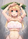  1girl armlet blonde_hair bracelet breasts choker collarbone elf gold green_eyes headband jewelry large_breasts lily_pad long_hair long_pointy_ears navel original po_ni pointy_ears rain solo upper_body 