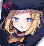  1girl abigail_williams_(fate/grand_order) arms_up bangs black_jacket blonde_hair blue_eyes blush crossed_bandaids fate/grand_order fate_(series) heroic_spirit_traveling_outfit highres jacket lightning_bolt long_hair long_sleeves looking_at_viewer parted_bangs parted_lips shadow signature sofra solo twitter_username upper_body white_background 