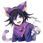  1boy alternate_costume animal_ears asuna_(doruru-mon) bangs black_hair cat_ears cat_tail commentary_request cropped_torso danganronpa fake_animal_ears hair_between_eyes highres looking_at_viewer male_focus new_danganronpa_v3 open_mouth ouma_kokichi pink_scarf pointing pointing_at_viewer purple_eyes purple_hair scarf simple_background sketch smile solo tail upper_body upper_teeth white_background 