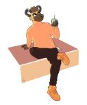  absurd_res african_wild_dog anthro beverage black_nose bottomwear brown_body brown_fur canid canine clothed clothing darius_davis digital_media_(artwork) footwear frohawk fur hair hi_res male mammal shoes simple_background sitting smile solo speechlessyeen straw topwear 