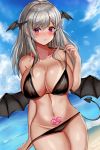  1girl bat_wings beach bikini black_bikini blue_sky blush breasts cleavage cloud commentary dark_skin day demon_girl demon_tail dutch_angle eyebrows_visible_through_hair grey_hair hair_between_eyes head_wings heart heart-shaped_pupils highres kuro_(tbm9187) large_breasts long_hair looking_at_viewer original outdoors pubic_tattoo purple_eyes sky succubus swimsuit symbol-shaped_pupils tail tan tattoo water wings 