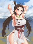  1girl armpits arms_up bare_shoulders blue_sky body_markings breasts brown_hair closed_mouth dress facial_mark fate/grand_order fate_(series) forehead forehead_mark grey_eyes highres himiko_(fate) large_breasts long_hair looking_at_viewer magatama magatama_necklace masaki_(sibamasa) sash side_slit sideboob sky smile thighs topknot twintails white_dress 