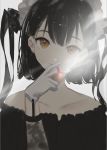  1girl black_dress black_hair brown_eyes cigarette dress gloves hand_up head_tilt highres holding holding_cigarette hoojiro looking_at_viewer maid_headdress original parted_lips smile smoke smoking solo twintails upper_body white_gloves 