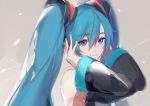  1girl bare_shoulders blue_eyes blue_hair blue_nails commentary detached_sleeves fingernails grey_background hair_between_eyes hands_up hatsune_miku highres hoojiro long_hair long_sleeves looking_at_viewer nail_polish smile solo twintails vocaloid 