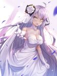  1girl bangs blush breasts bridal_veil dress elbow_gloves fate/grand_order fate_(series) gloves highres jeanne_d&#039;arc_(alter)_(fate) jeanne_d&#039;arc_(fate)_(all) large_breasts long_hair looking_at_viewer open_mouth outstretched_arm petals renka_(renkas) silver_hair veil wedding_dress white_dress white_gloves yellow_eyes 