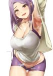  armpits beige_cardigan bra bra_through_clothes breasts brown_eyes cardigan cleavage collarbone curvy kirinkirin large_breasts long_hair mature midriff mole mole_under_eye mole_under_mouth open_mouth original outstretched_arm purple_bra purple_hair purple_shorts see-through shorts steam tank_top thigh_gap thighs underwear white_background white_tank_top 